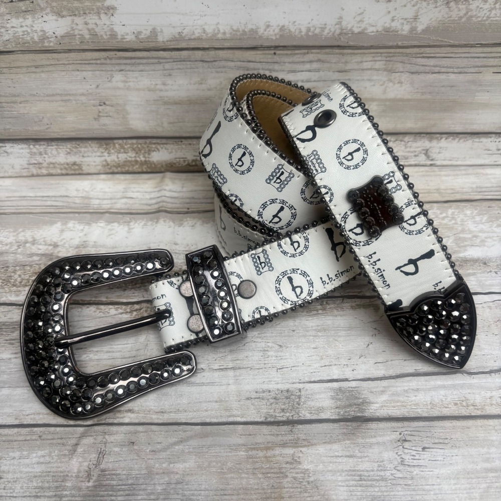 B.B. Simon Leather Belt 40 White Black Swarovski Crystal BB Pattern Y2K Edgy